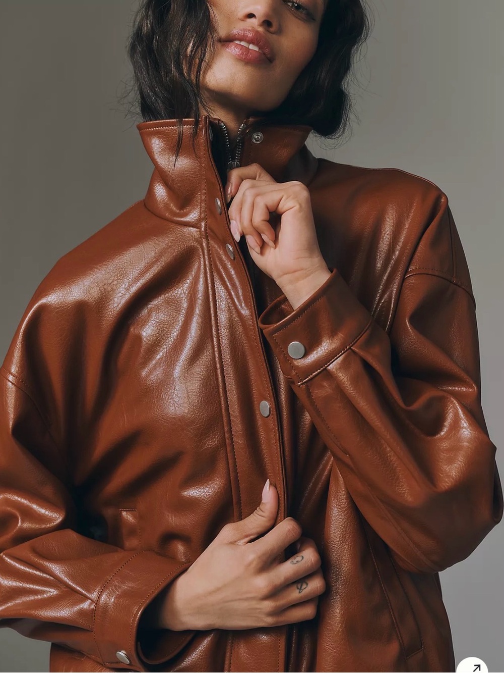 Pilcro Cognac Faux Leather Jacket with Stand Collar